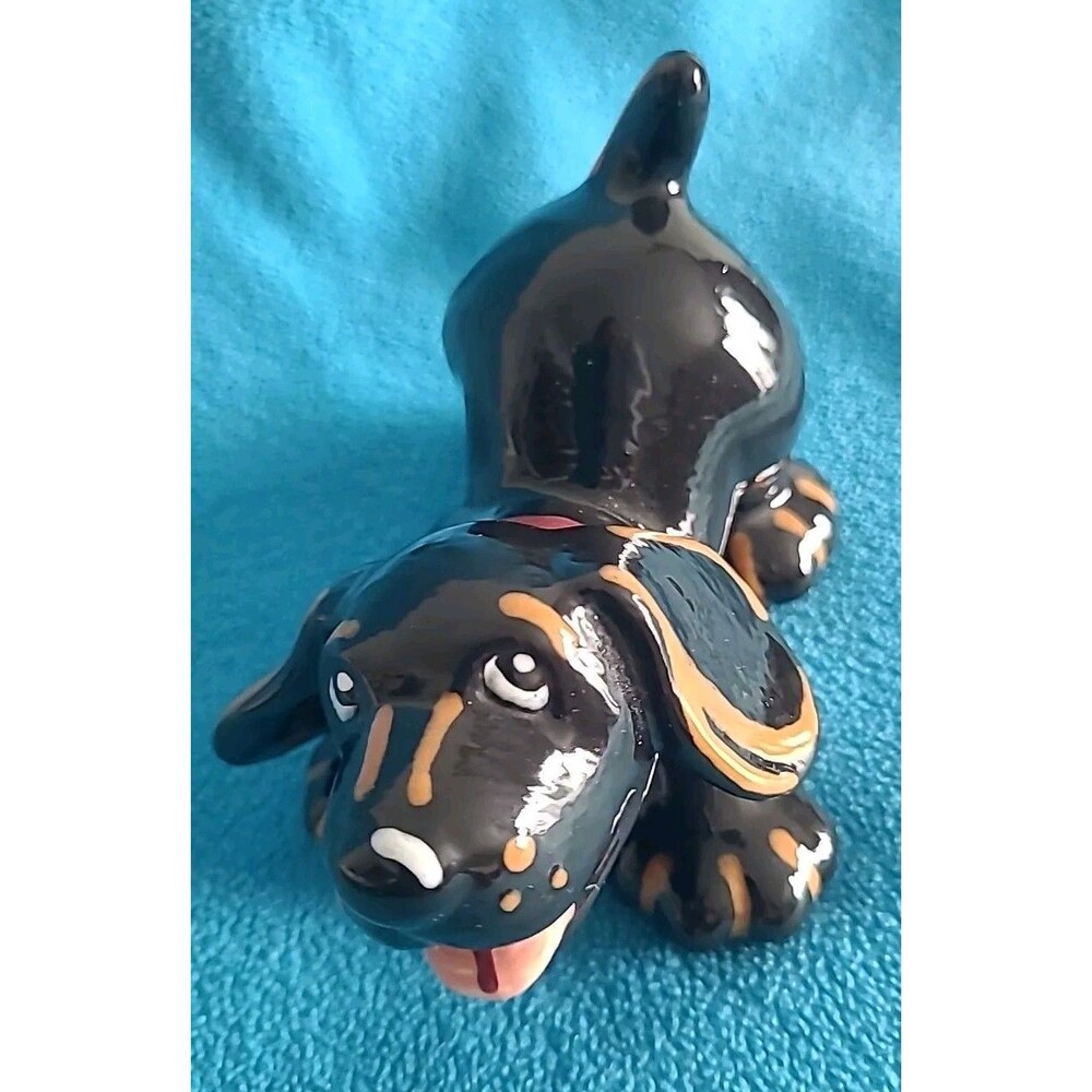 Hand Painted Ceramic Playful Black & Brown Puppy Dog Figurine Glazed